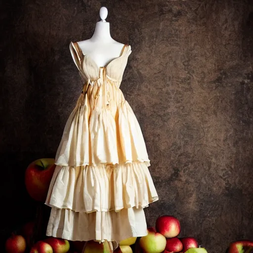 Image similar to a beautiful dress made out of apple pie, on a mannequin. high quality, high resolution, studio lighting