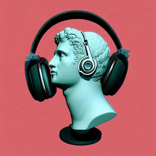 Image similar to roman bust wearing headphones, in the style of vaporwave!!!!!!!!!!!