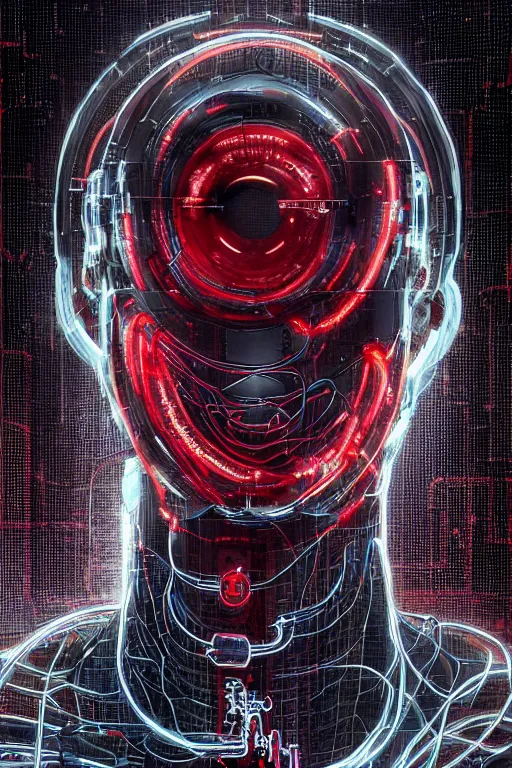 Image similar to head and shoulders render of man cyberpunk face ((single_glowing_red_eye red_emissives!)) android face mecha, inhuman creepy intimidating, exposed cable bundle. intricate wiring and black circuit board detailed. Tom Bagshaw and Greg Rutkowski and Alphonse Mucha Bladerunner 2049 artstation trending 165mm