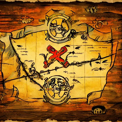 Image similar to pirate treasure map with an x marking the spot, concept art, illustrated, highly detailed, high quality, bright colors, optimistic,