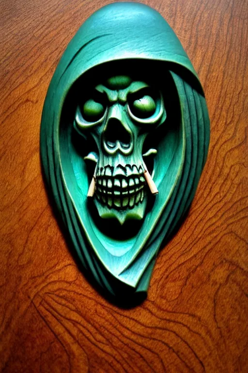 Prompt: grim reaper carved into a blue green, intricate baroque style, by artgem