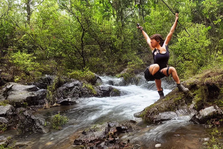 Image similar to wide shot of exhausted Lara Croft climbing out of a roaring ancient river, fireflies by Lilia Alvarado