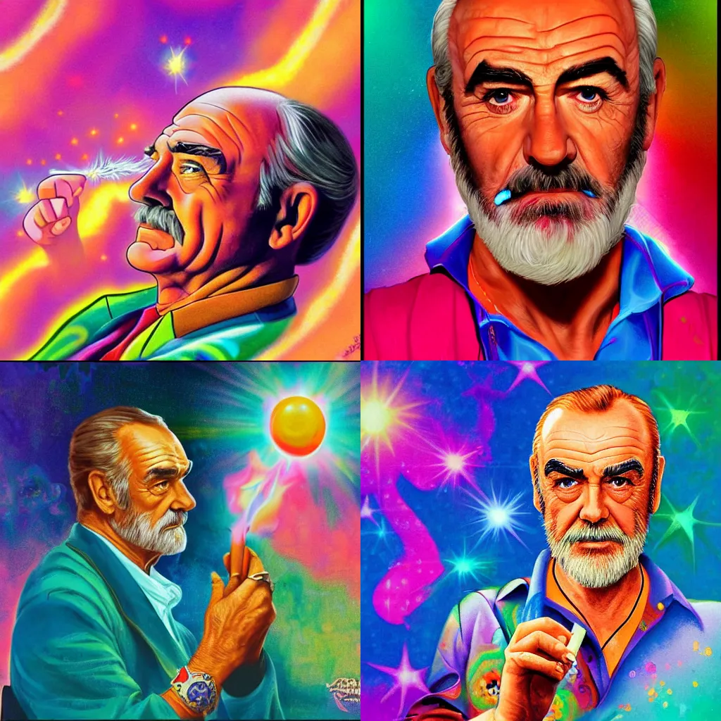 Prompt: Sean Connery meditating and smoking a dooby, vivid colors, in the style of Lisa Frank and Norman Rockwell, trending on artstation, artstationHQ,artstationHD, cinematic