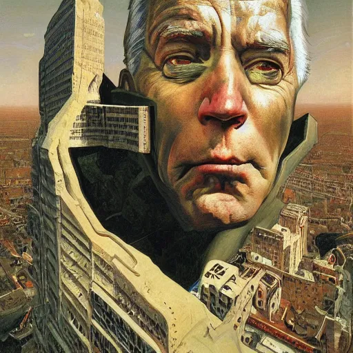 Image similar to portrait of immense, majestic, surreal, terrifying joe!!!! biden!!! crushing the city, perfectly clear face, by j. c. leyendecker, bosch, and beksinski