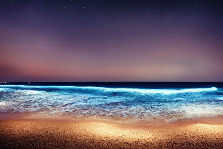 Image similar to bioluminescent waves, beach, night, landscape, relax atmosphere, magic atmosphere, photo realistic