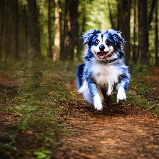 Prompt: blue Merle australian Shepard running through a forest, photography, hyper realistic