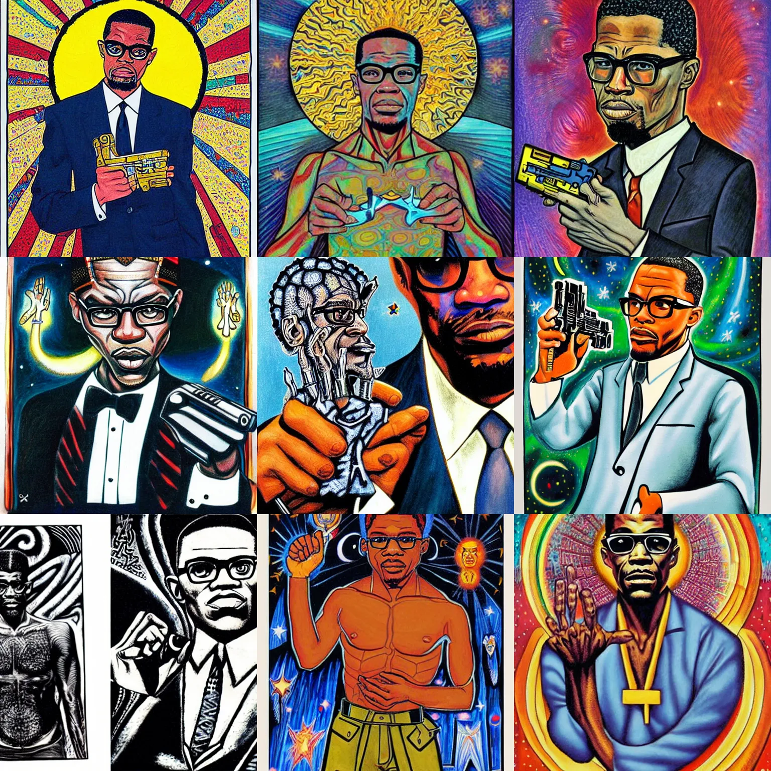 Prompt: Malcolm x holding an uzi painting by aaron brooks in the style of cosmic christ by alex grey