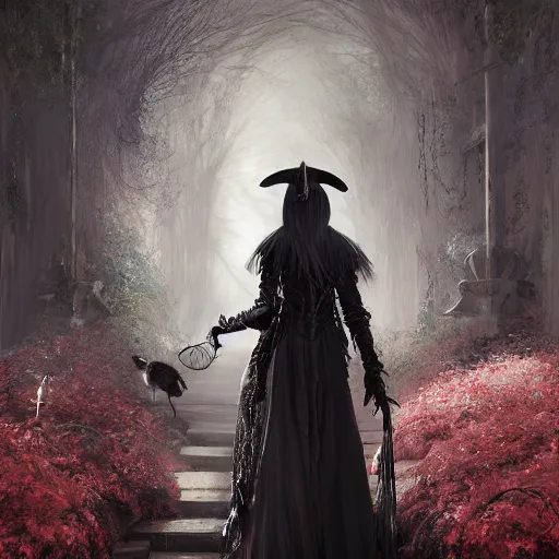 Prompt: hyperrealistic portrait of high detail yorha no. 2 type a as a vampire witch in ornate black robe red swan feathers as the mistress in fear being chased by a terrific man with goat head in a garden maze horror. by jeremy mann, fantasy art, photo realistic, dynamic lighting, artstation, poster, volumetric lighting, 4 k, award winning