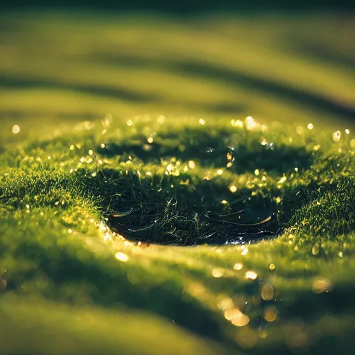 Prompt: plain fotography of a melted metal liquid on grass