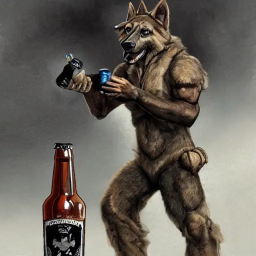 Image similar to a humanoid german shepherd beast - man in military style, holding a bottle of beer, artstation, concept art, smooth, sharp foccus ilustration, artstation