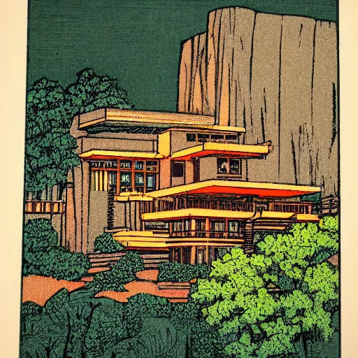 Image similar to master color woodblock print, fallingwater