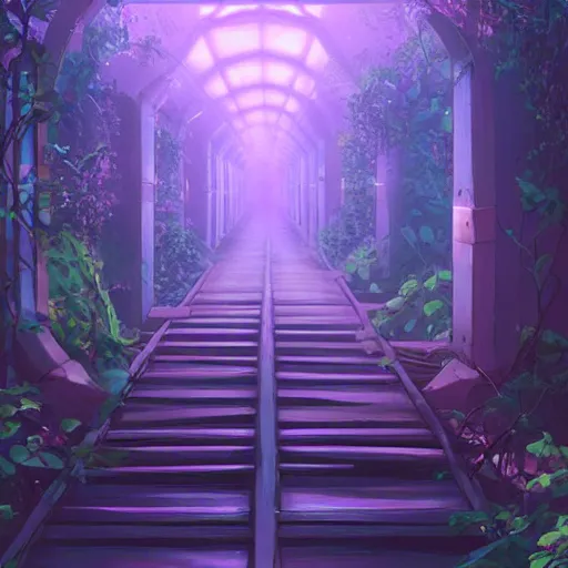 Prompt: paradise at at the end of the tunnel with a cross as the light shining into the tunnel, with pale purple and pale pink lighting, cute, aesthetic, anime, with a few vines and overgrowth, studio ghibli, cinematic, painting, high definition, digital art, symmetrical, very detailed, extremely high detail, photo realistic, concept art, unreal engine 5,