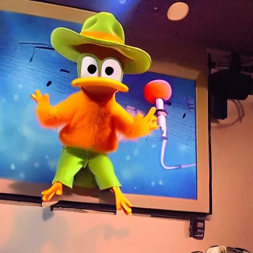 Prompt: perry the platypus doing karaoke, cute, happy