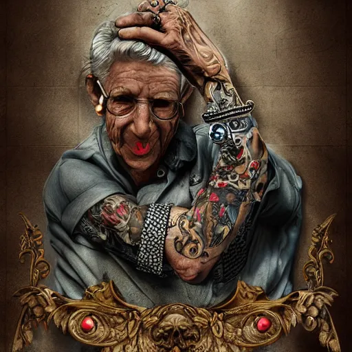 Image similar to old seniors retired people skateboarding tricks with tattoos piercings digital art, 3 d high definition, trending on artstation, photorealistic, high resolution, 8 k, octane, hyper detailed, trending on deviantart insane details, intricate, elite, ornate, elegant trend, highly detailed and intricate, sharp focus, photography, unreal engine