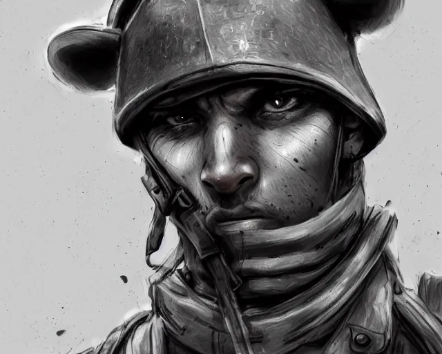 Image similar to A soldier holding a warrior cat in world war 1, close-up, realistic face, beautiful face detail, mature facial features, black and white, amazing digital art, hyper detailed, artstation, in the style of Tony Sart