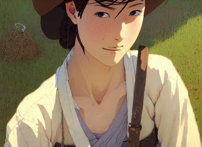 Prompt: a film still portrait of a farmer woman, finely detailed features, closeup at the faces, perfect art, at an ancient village farm, gapmoe yandere grimdark, trending on pixiv fanbox, painted by greg rutkowski makoto shinkai takashi takeuchi studio ghibli, akihiko yoshida