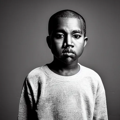 Image similar to the face of young kanye west wearing yeezy clothing at 1 1 years old, black and white portrait by julia cameron, chiaroscuro lighting, shallow depth of field, 8 0 mm, f 1. 8