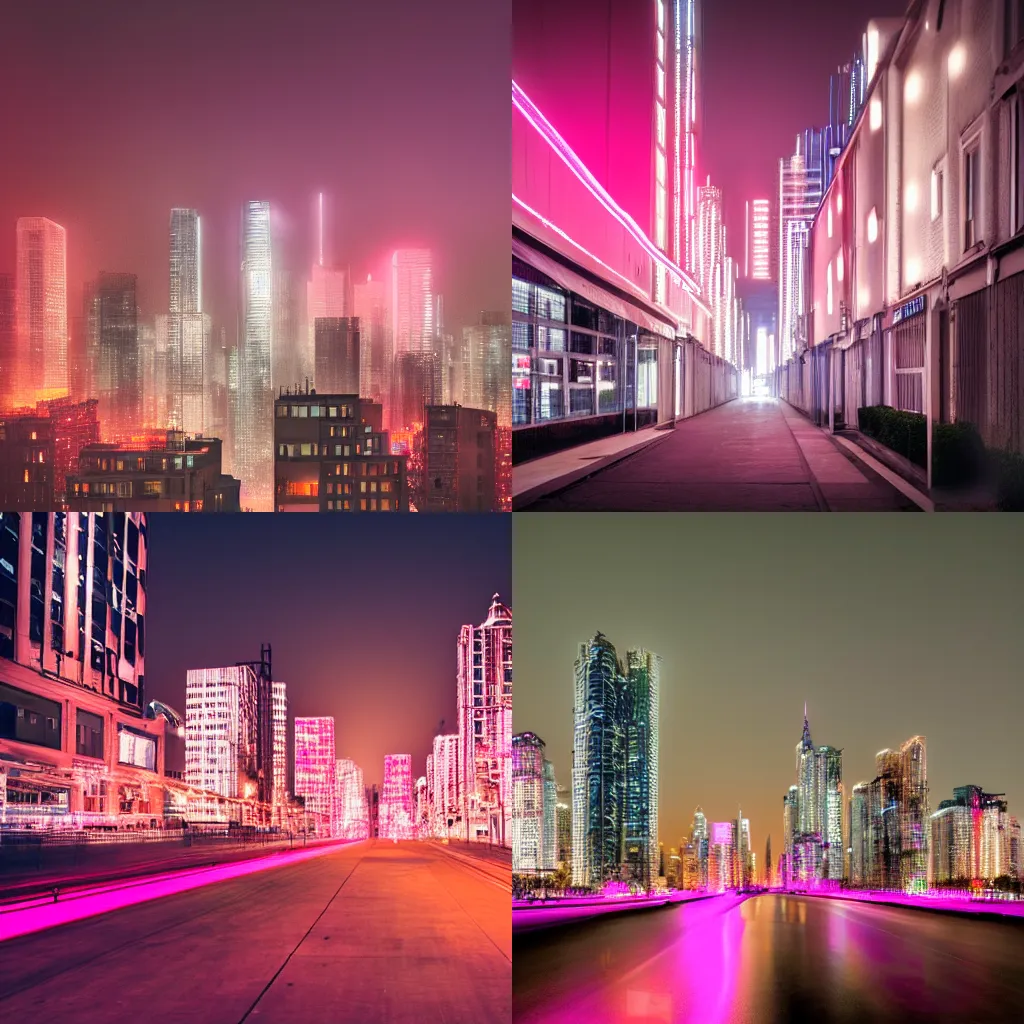 Prompt: a photograph of a metropolis at night made entirely of white buildings and lit with neon pink street lights