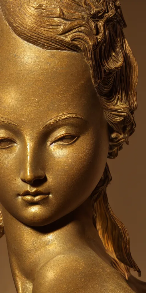 Image similar to detailed photo of an old bronze patina statue of a beautiful aphrodite nymphea portrait, intricate detail, museum diffuse lighting