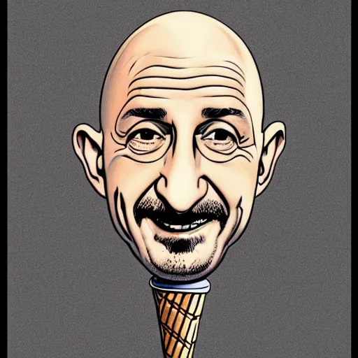 Image similar to ben kingsley's head is an ice cream ball in an ice cream cone. caricature, colorful ink, by moebius