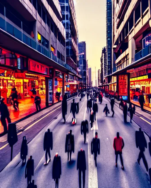 Image similar to busy city street with headless people, high definition,