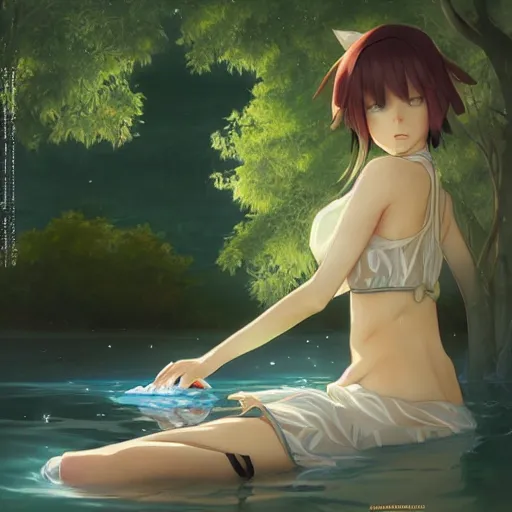 Prompt: kagamine rin swimming in park, anime style, elegant, highly detailed, digital painting, artstation, concept art, smooth, sharp focus, illustration, art by artgerm and greg rutkowski and alphonse mucha n 9