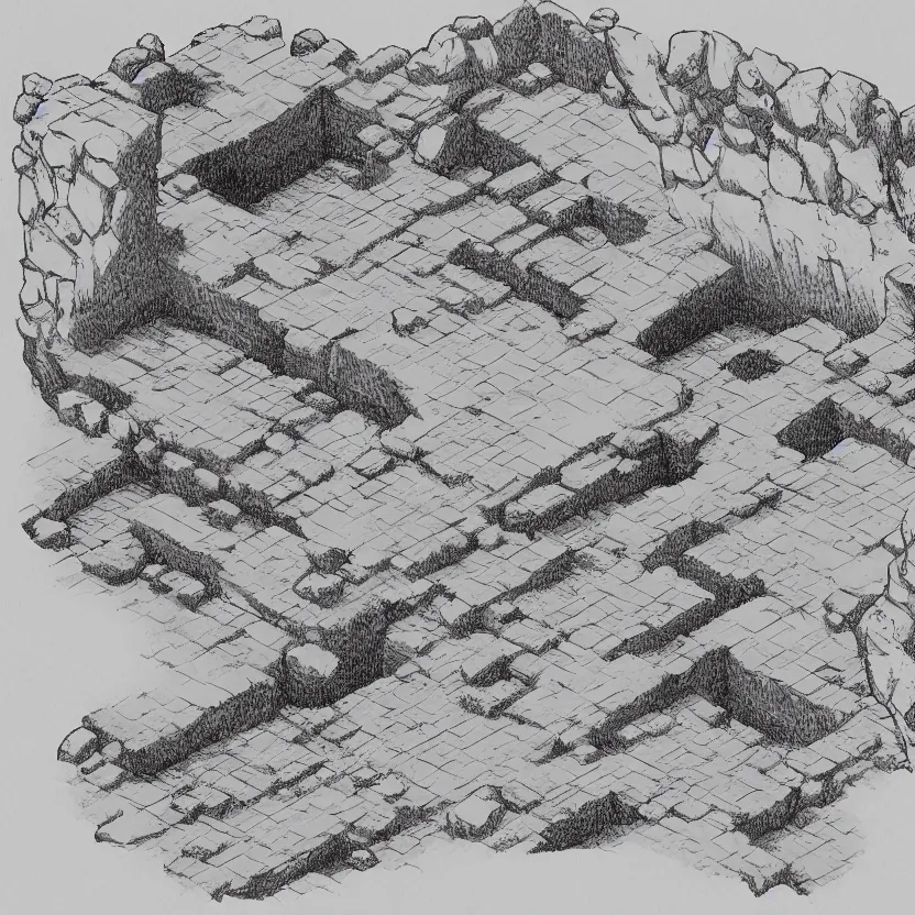 Image similar to isometric view of the outside of a cave, lineart