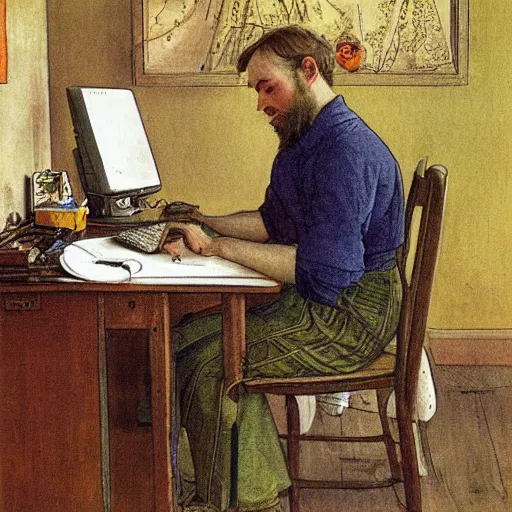 Prompt: Guy working on computer by Carl larsson