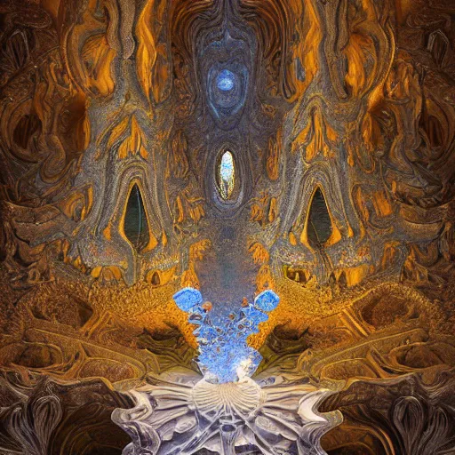 Image similar to a beautiful 3 d painting of a huge sprawling fractal cathedral interior populated by mandelbrot fractals by android jones, unreal engine, carved stone, carved soap, white color scheme, volumetric lighting, octane render, dramatic lighting, glowing, carved marble, opalescent, sacred geometry, religious, angelic, catholicpunk, stark, trending on artstation