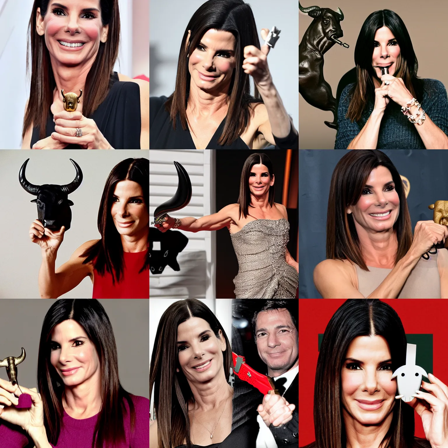 Prompt: sandra bullock holding a key in the shape of a bull,