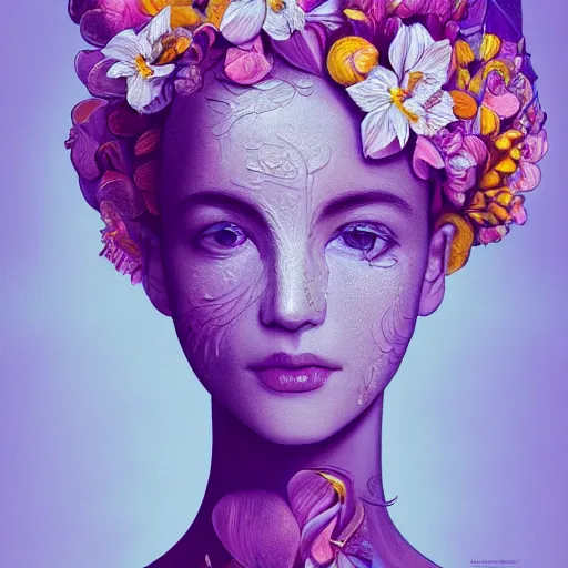 Image similar to the portrait of an absurdly beautiful, graceful, elegant woman made of bananas and petals, an ultrafine detailed illustration by irakli nadar, naoki ikushima, mika iizuka, intricate linework, bright colors, final fantasy, behance contest winner, angular, unreal engine 5 highly rendered, global illumination, radiant light, detailed and intricate environment