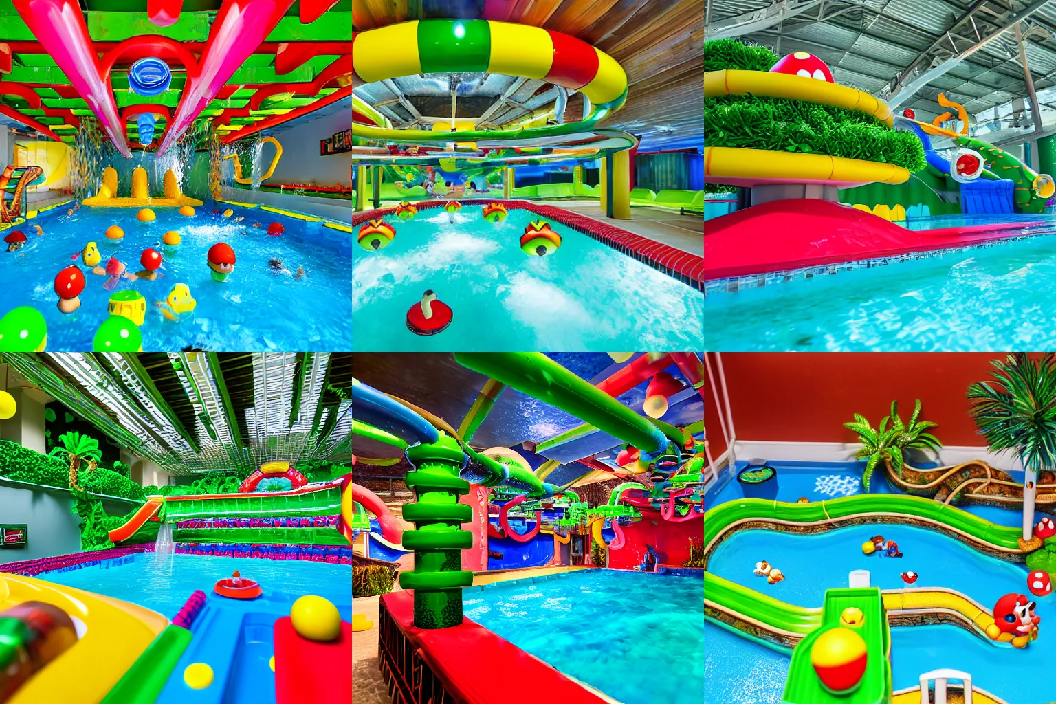 Prompt: Super Mario themed indoor swimming pool, with water slides, with plastic super mushrooms and green warp pipes, with palm trees, overhead view, ominous, dimly lit, 4k, ƒ/2.8, focal length: 6.3 mm, exposure time: 1/800, ISO: 200