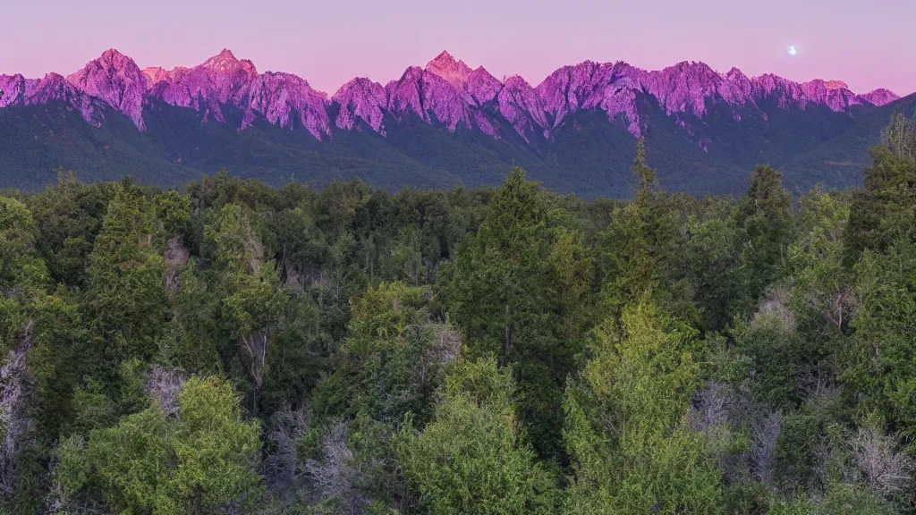 Image similar to Panoramic photo where the mountains are towering over the valley below their peaks shrouded in mist. The moon is just peeking over the horizon and the purple sky is covered with stars and clouds. The river is winding its way through the valley. The tree are a bright blue.