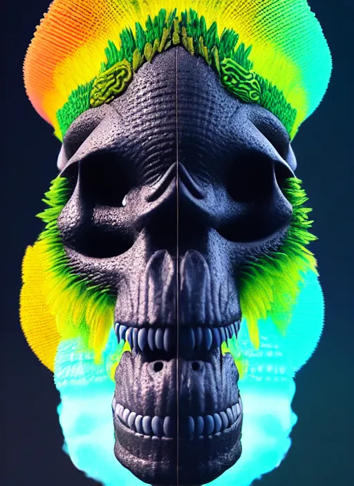 Image similar to 3 d ape shaman profile portrait, sigma 5 0 0 mm f / 5. beautiful intricate highly detailed quetzalcoatl skull and feathers. bioluminescent, plasma, lava, ice, water, wind, creature, thunderstorm! artwork by tooth wu and wlop and beeple and greg rutkowski, 8 k trending on artstation,