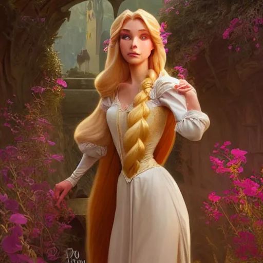 Image similar to princess rapunzel, D&D, fantasy, intricate, elegant, highly detailed, digital painting, artstation, concept art, matte, sharp focus, illustration, art by Artgerm and Greg Rutkowski and Alphonse Mucha