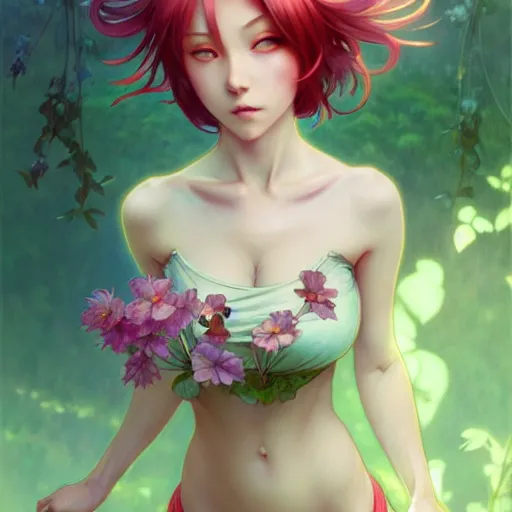 Prompt: seductive anime girl as a garden fairy l, hourglass slim figure, red hair hair, attractive features, tight fitted tank top, body portrait, slight smile, highly detailed, digital painting, artstation, concept art, sharp focus, illustration, art by WLOP and greg rutkowski and alphonse mucha and artgerm