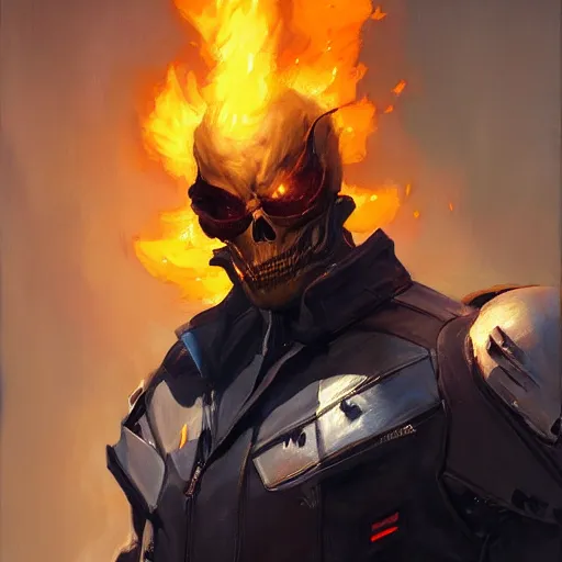 Image similar to greg manchess portrait painting of ghost rider as overwatch character, medium shot, asymmetrical, profile picture, organic painting, sunny day, matte painting, bold shapes, hard edges, street art, trending on artstation, by huang guangjian and gil elvgren and sachin teng