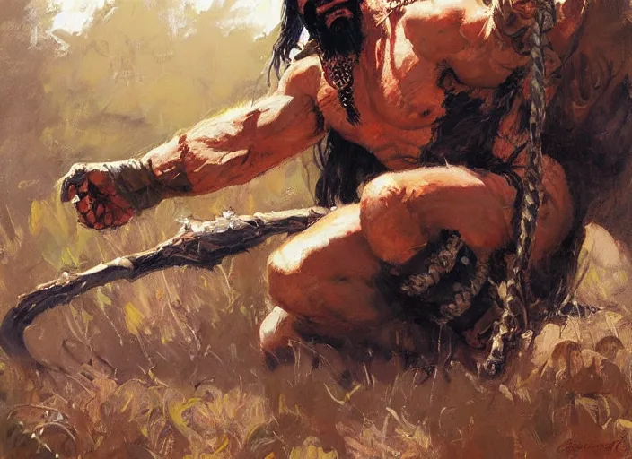 Image similar to a highly detailed beautiful portrait of the kraven the hunter, by gregory manchess, james gurney, james jean