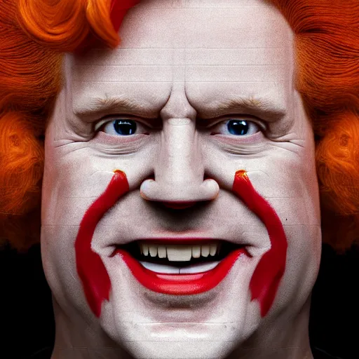 Image similar to photo portrait of ronald mcdonald with the face of gary busey, ronald mcdonald, realistic, hyperrealistic, 8 k resolution, hd quality, very detailed, highly detailed, intricate details, real life, real world, trending on artstation, digital art, really realistic, very realistic, headshot, head in frame, photograph, portrait