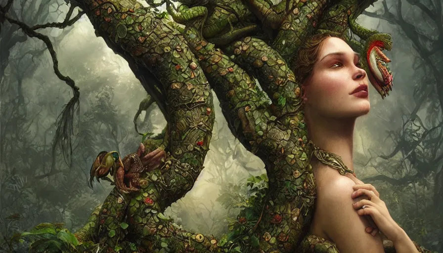 Image similar to garden of eden, the serpent on a tree, scales, insanely detailed and intricate, charlie bowater, tom bagshaw, norman rockwell, high resolution, photorealistic, octane rendered, unreal engine, illustration, trending on artstation, masterpiece, 8 k