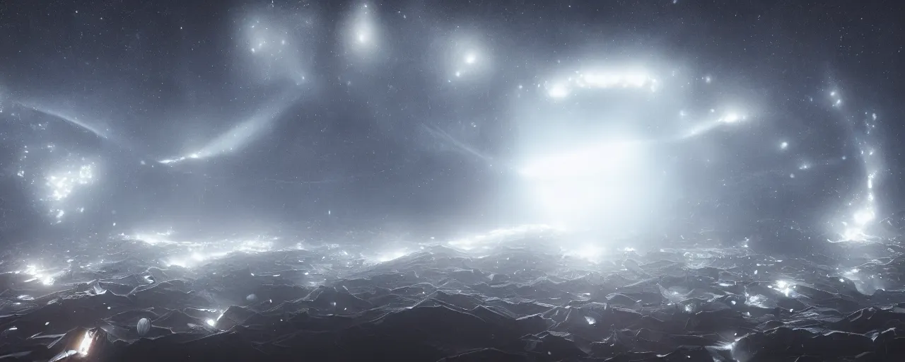 Image similar to dark galaxy, realistic lighting, dynamic lighting, octane render, houdini simulation, volumetric lighting, chiaroscuro, color - grades