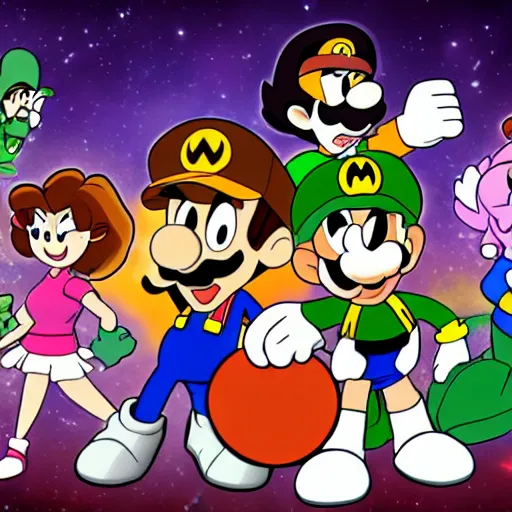 Image similar to Are crossovers overrated? News article. Videogames. Movies. Stock image. Bugs Bunny. Velma. Shaggy. Batman. Garnet from Steven Universe. Steven Universe. Mario. Luigi. Michael Jordon.