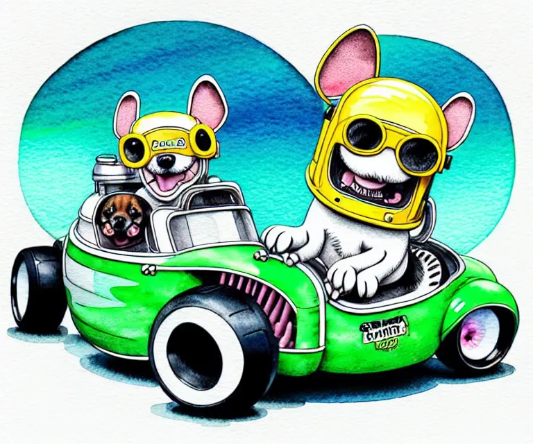 Image similar to cute and funny, puppy wearing a helmet riding in a tiny hot rod with an oversized engine, ratfink style by ed roth, centered award winning watercolor pen illustration, isometric illustration by chihiro iwasaki, edited by range murata, tiny details by artgerm and watercolor girl, symmetrically isometrically centered, sharply focused