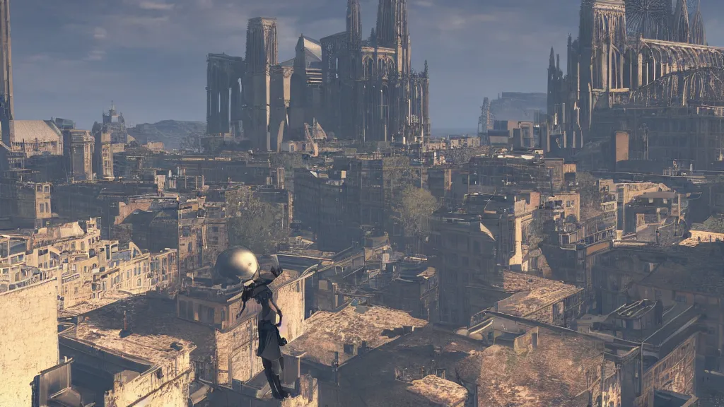Image similar to Screenshot from Nier Automata in Marseille. In the background there is Notre-Dame de la Garde