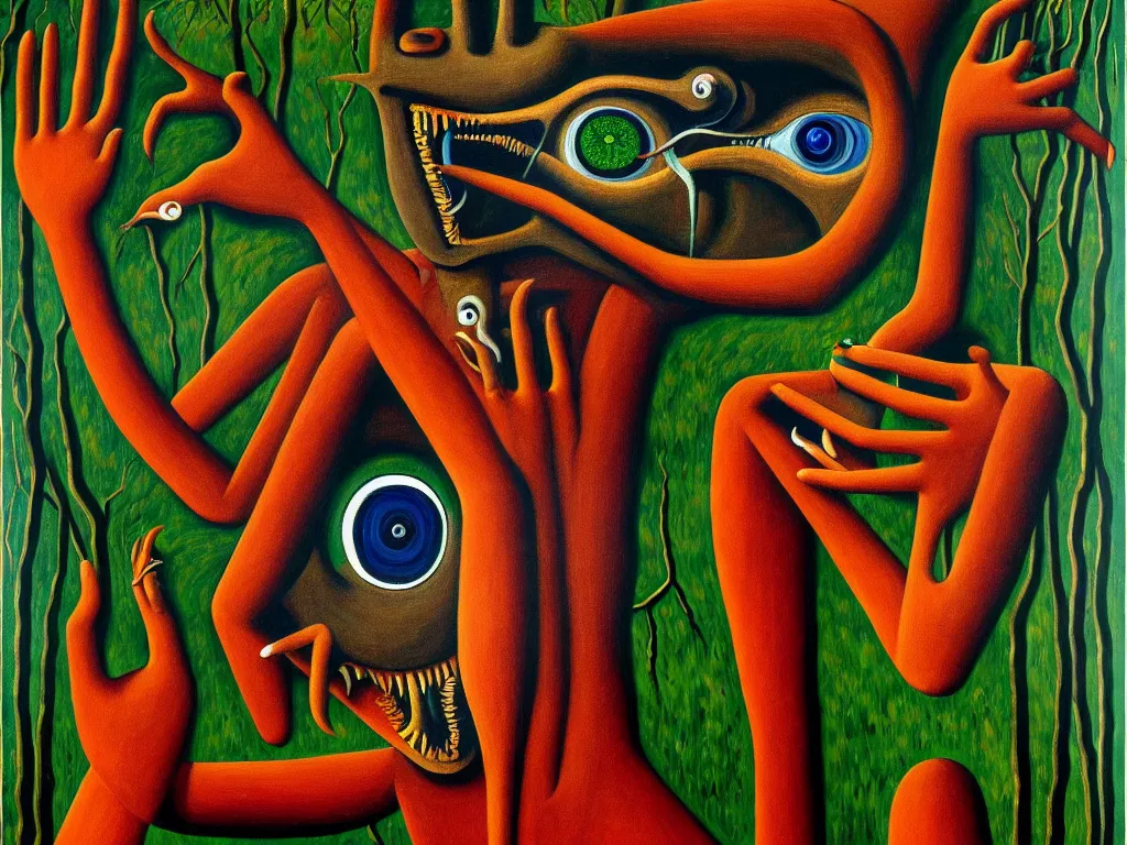 Image similar to a painting of a human with a hand face with a centered eye, mouth with sharp teeth centered on the neck, legs that melt into a forest, forest background, highly detailed, 4 k, art by max ernst