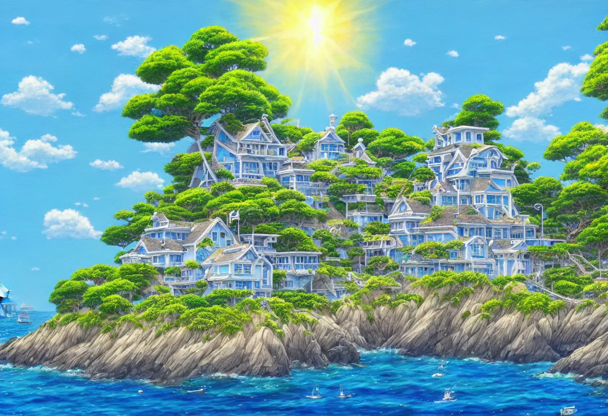 Prompt: a beautiful ultradetailed painting of a seaside house, sunny, close shot, studio ghibli sunlight, archdaily, wallpaper, highly detailed, trending on artstation