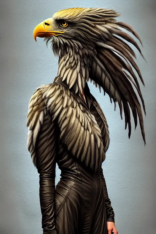 Prompt: epic professional digital art of female human - eagle hybrid animal wearing air force jumpsuit, humanoid feathered head, eagle beak, painting, by lisa roet, artgerm, iris van herpen, leesha hannigan, artstation, cgsocietywlop, epic, much wow, much detail, gorgeous, detailed, cinematic, masterpiece