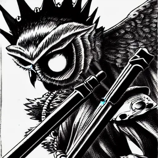 Prompt: Owl King carrying a machine gun (YU-GI-OH, Card Game), artwork by kentaro miura, Kentaro Miura style, Berserk Style, High details, cinematic composition, manga, black and white ink style, a lot of details with ink shadows