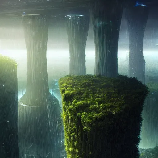 Image similar to a futuristic city scape of vertical organic farms, growing, mossy cellular structures, epic landscape, endless towering science fiction towers, raining, misty, in the style of john harris