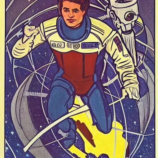 Image similar to a man resembling sebastian stan, floating in space. he is an astronaut, wearing a space suit. well composed, clean elegant painting, beautiful detailed face. comic book art by steve ditko and jack kirby and ( alphonse mucha )